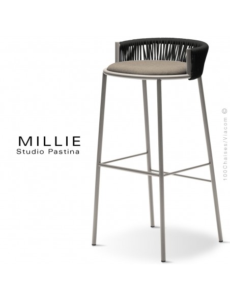 Tabouret de bar MILLIE-SG-80, piétement sand, assise 102crème, dossier anthracite.