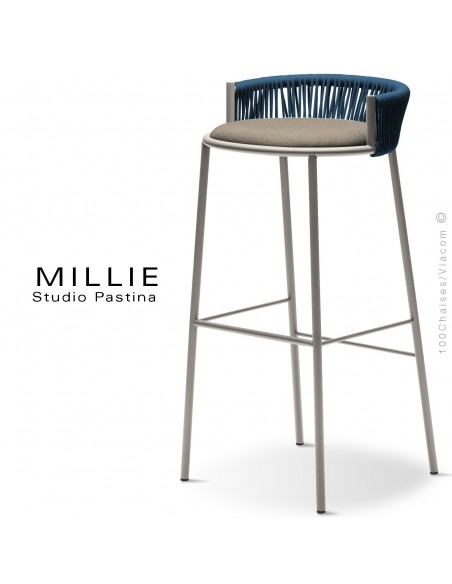 Tabouret de bar MILLIE-SG-80, piétement sand, assise 102crème, dossier bleu.