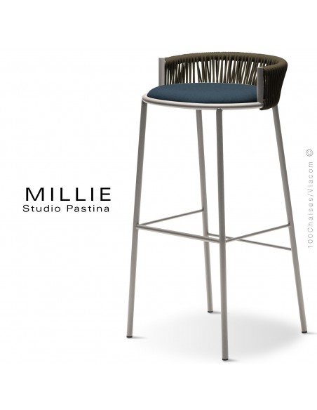 Tabouret de bar MILLIE-SG-80, piétement sand, assise 706bleu, dossier marron.