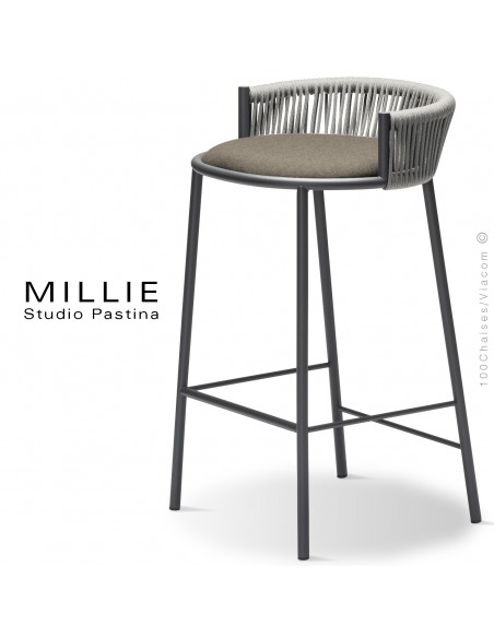 Tabouret de cuisine MILLIE-SG-65, piétement acier anthracite, assise tissu 102crème, dossier corde gris.