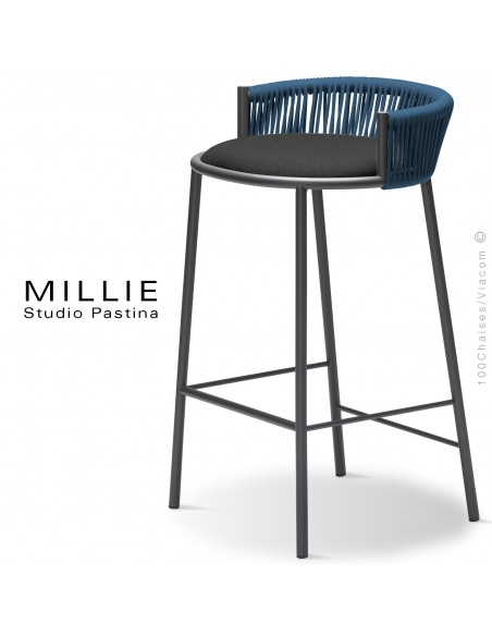 Tabouret de cuisine MILLIE-SG-65, piétement acier anthracite, assise tissu 601noir, dossier corde bleu.