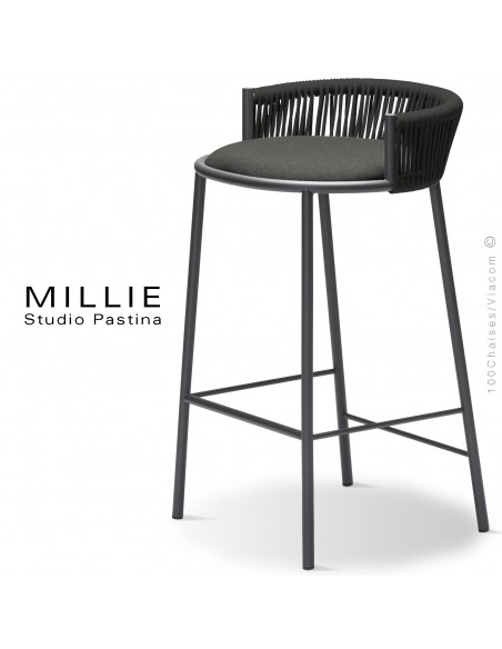 Tabouret de cuisine MILLIE-SG-65, piétement acier anthracite, assise tissu 603gris, dossier corde anthracite.