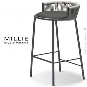 Tabouret de cuisine MILLIE-SG-65, piétement acier anthracite, assise tissu 603 gris, dossier tressage corde gris.
