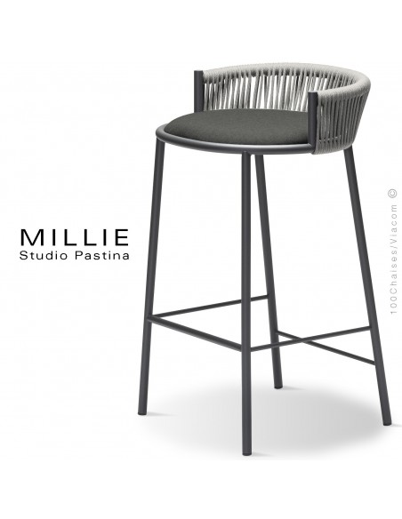 Tabouret de cuisine MILLIE-SG-65, piétement acier anthracite, assise tissu 603 gris, dossier tressage corde gris.