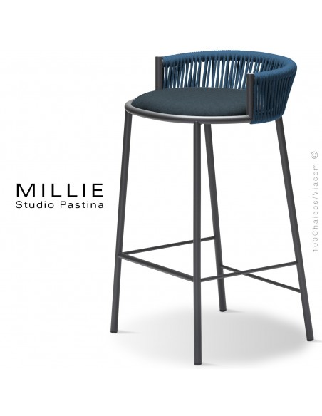 Tabouret de cuisine MILLIE-SG-65, piétement acier anthracite, assise tissu 706bleu, dossier corde bleu.