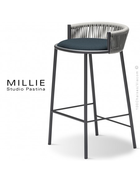 Tabouret de cuisine MILLIE-SG-65, piétement acier anthracite, assise tissu 706bleu, dossier corde gris.