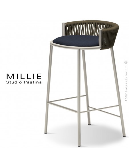 Tabouret de cuisine MILLIE-SG-65, piétement acier sand, assise tissu 700bleumarrine, dossier corde marron.