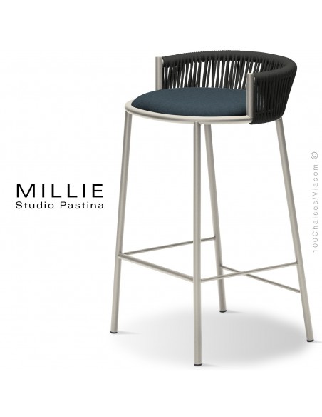 Tabouret de cuisine MILLIE-SG-65, piétement acier sand, assise tissu 706bleu, dossier corde anthracite.