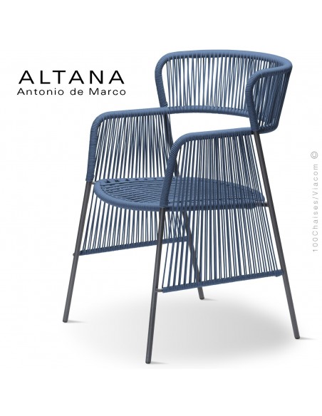Fauteuil design ALTANA-SP, piétement acier peint anthracite, assise et dossier habillage corde bleu.
