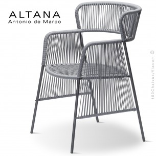 Fauteuil design ALTANA-SP, piétement acier peint anthracite, assise et dossier habillage corde gris.