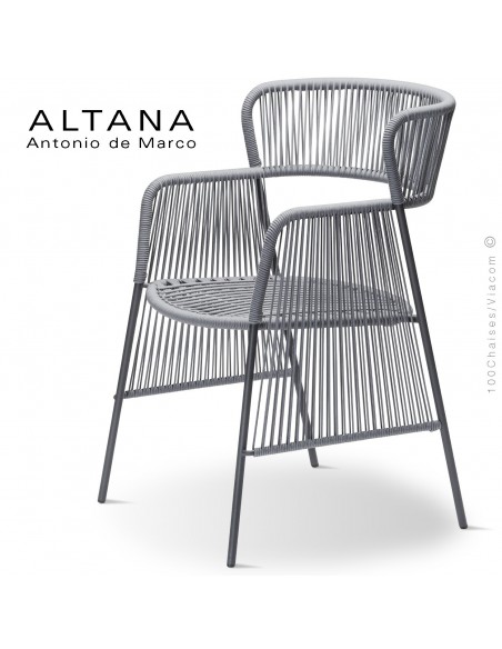 Fauteuil design ALTANA-SP, piétement acier peint anthracite, assise et dossier habillage corde gris.