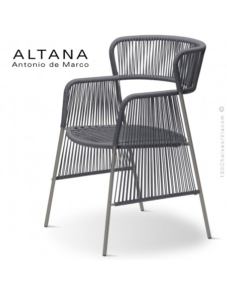Fauteuil design ALTANA-SP, piétement acier peint sand, assise et dossier habillage corde anthracite.