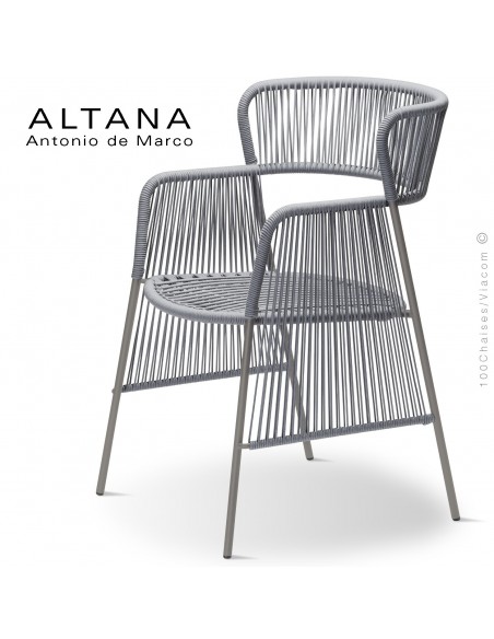 Fauteuil design ALTANA-SP, piétement acier peint sand, assise et dossier habillage corde gris.
