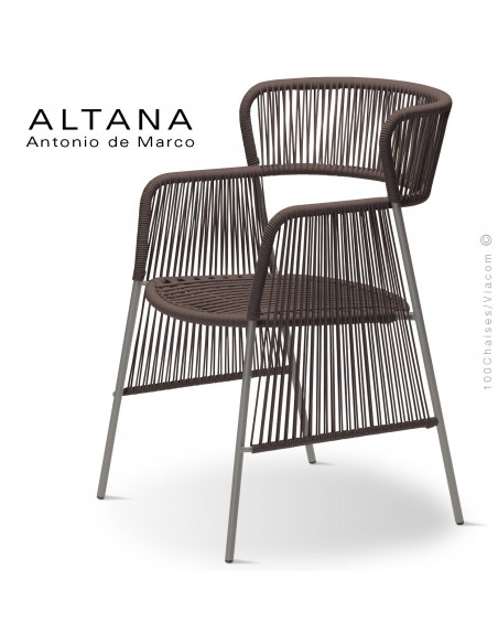 Fauteuil design ALTANA-SP, piétement acier peint sand, assise et dossier habillage corde marron.