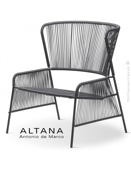 Fauteuil lounge design ALTANA-P, piétement acier peint anthracite, assise et dossier habillage corde anthracite.
