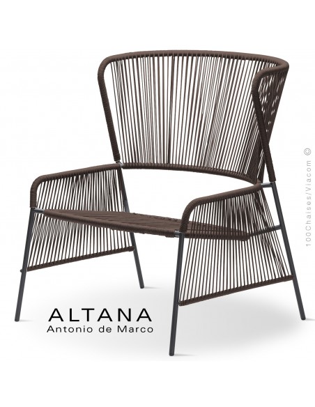 Fauteuil lounge design ALTANA-P, piétement acier peint anthracite, assise et dossier habillage corde marron.