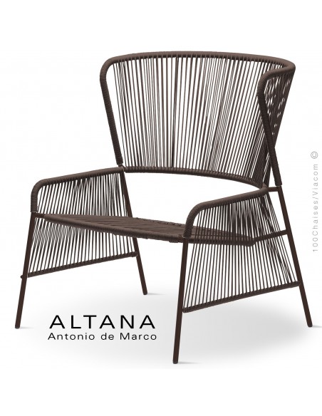 Fauteuil lounge design ALTANA-P, piétement acier peint marron, assise et dossier habillage corde marron.