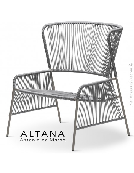 Fauteuil lounge design ALTANA-P, piétement acier peint sand, assise et dossier habillage corde gris.