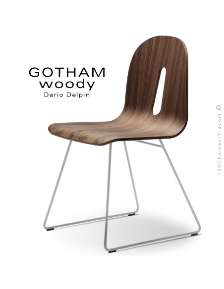 Chaise design GOTHAM WOODY-SL, piétement luge acier blanc, assise coque bois noyer.