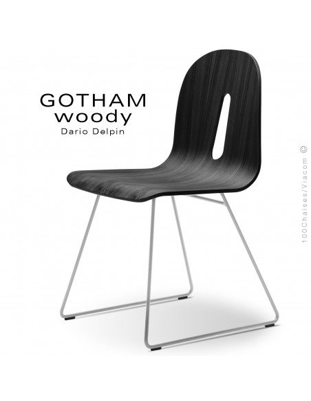 Chaise design GOTHAM WOODY-SL, piétement luge acier blanc, assise coque bois noir.