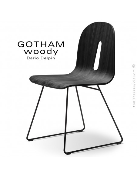 Chaise design GOTHAM WOODY-SL, piétement luge acier noir, assise coque bois noir.