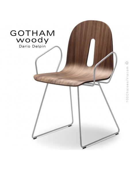 Fauteuil GOTHAM WOODY-SL-P, piétement luge acier blanc, assise coque bois noyer.