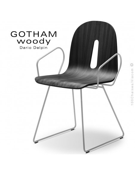 Fauteuil GOTHAM WOODY-SL-P, piétement luge acier blanc, assise coque bois noir.