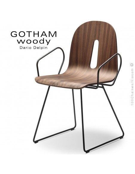 Fauteuil GOTHAM WOODY-SL-P, piétement luge acier noir, assise coque bois noyer.