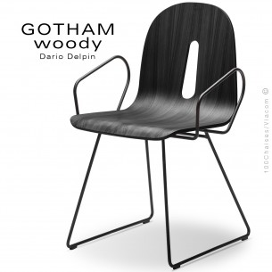 Fauteuil GOTHAM WOODY-SL-P, piétement luge acier noir, assise coque bois noir.