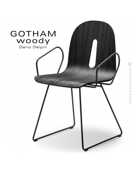 Fauteuil GOTHAM WOODY-SL-P, piétement luge acier noir, assise coque bois noir.