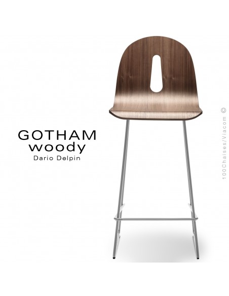 Tabouret de cuisine GOTHAM WOODY-SL-SG-65, piétement luge acier blanc, assise coque bois noyer.