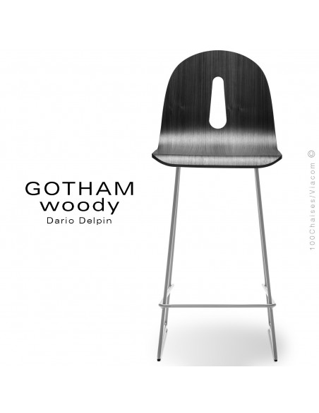 Tabouret de cuisine GOTHAM WOODY-SL-SG-65, piétement luge acier blanc, assise coque bois noir.