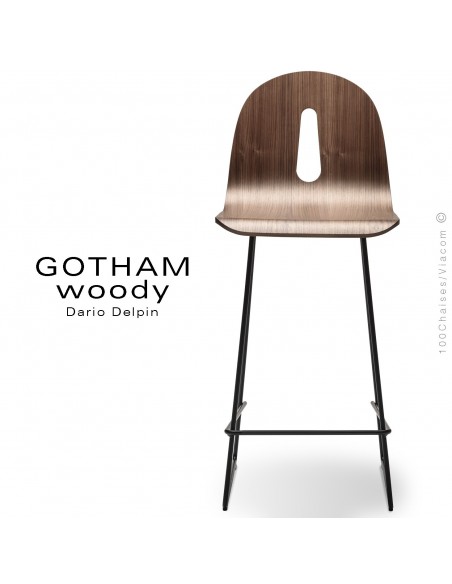 Tabouret de cuisine GOTHAM WOODY-SL-SG-65, piétement luge acier noir, assise coque bois noyer.