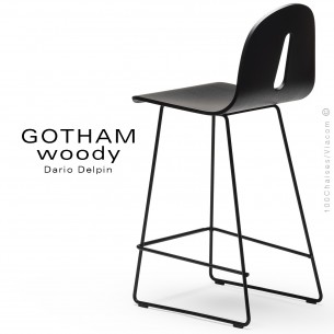 Tabouret de cuisine GOTHAM WOODY-SL-SG-65, piétement luge peint noir, assise multiplis placage Noyer naturel.