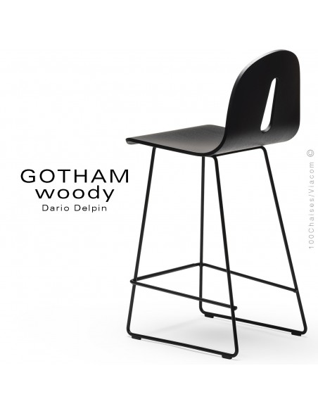 Tabouret de cuisine GOTHAM WOODY-SL-SG-65, piétement luge peint noir, assise multiplis placage Noyer naturel.