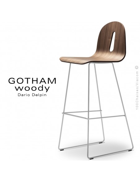 Tabouret de bar GOTHAM WOODY-SL-SG-80, piétement luge acier blanc, assise coque bois noyer.