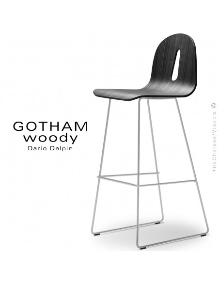 Tabouret de bar GOTHAM WOODY-SL-SG-80, piétement luge acier blanc, assise coque bois noir.