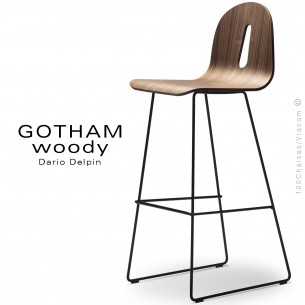 Tabouret de bar GOTHAM WOODY-SL-SG-80, piétement luge acier noir assise coque bois noyer.