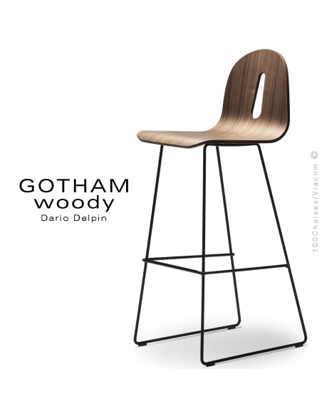 Tabouret de bar GOTHAM WOODY-SL-SG-80, piétement luge acier noir assise coque bois noyer.