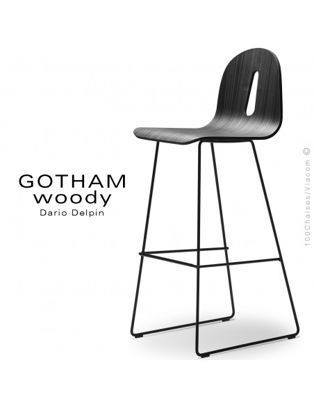 Tabouret de bar GOTHAM WOODY-SL-SG-80, piétement luge acier noir assise coque bois noir.