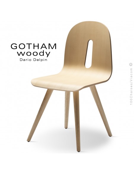 Chaise design GOTHAM WOODY-S, piétement et assise bois frêne.