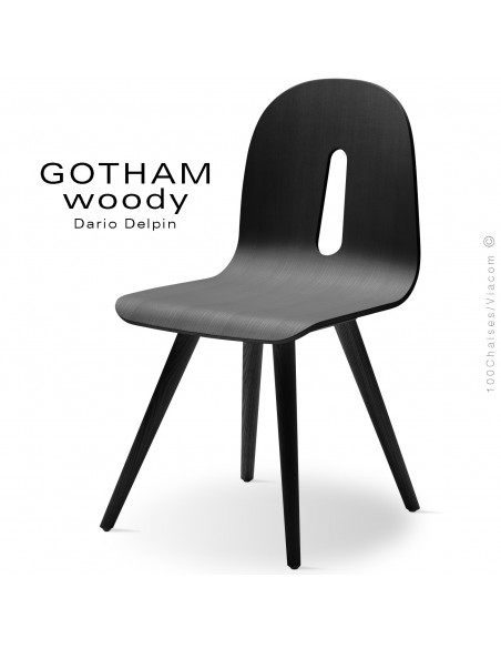 Chaise design GOTHAM WOODY-S, piétement et assise bois frêne laqué noir.