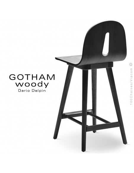 Tabouret de cuisine GOTHAM WOODY-SG-65, piétement et assise bois de frêne laqué noir.