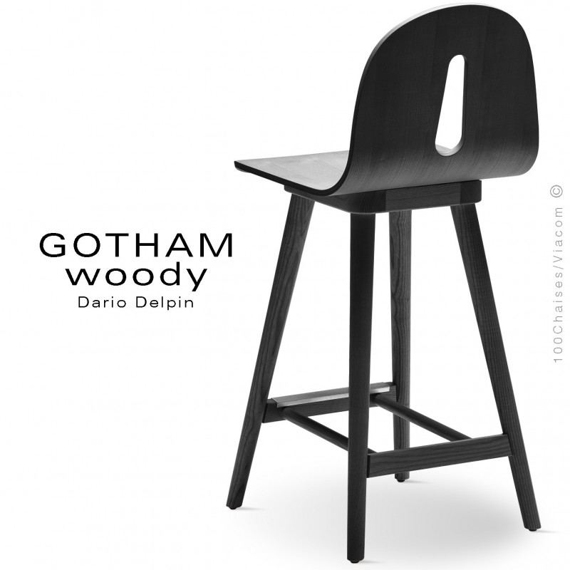 Tabouret de cuisine GOTHAM WOODY-SG-65, piétement et assise bois de frêne laqué noir.