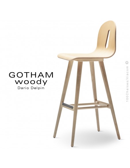 Tabouret de bar GOTHAM WOODY-SG-80, piétement et assise bois frêne naturel.
