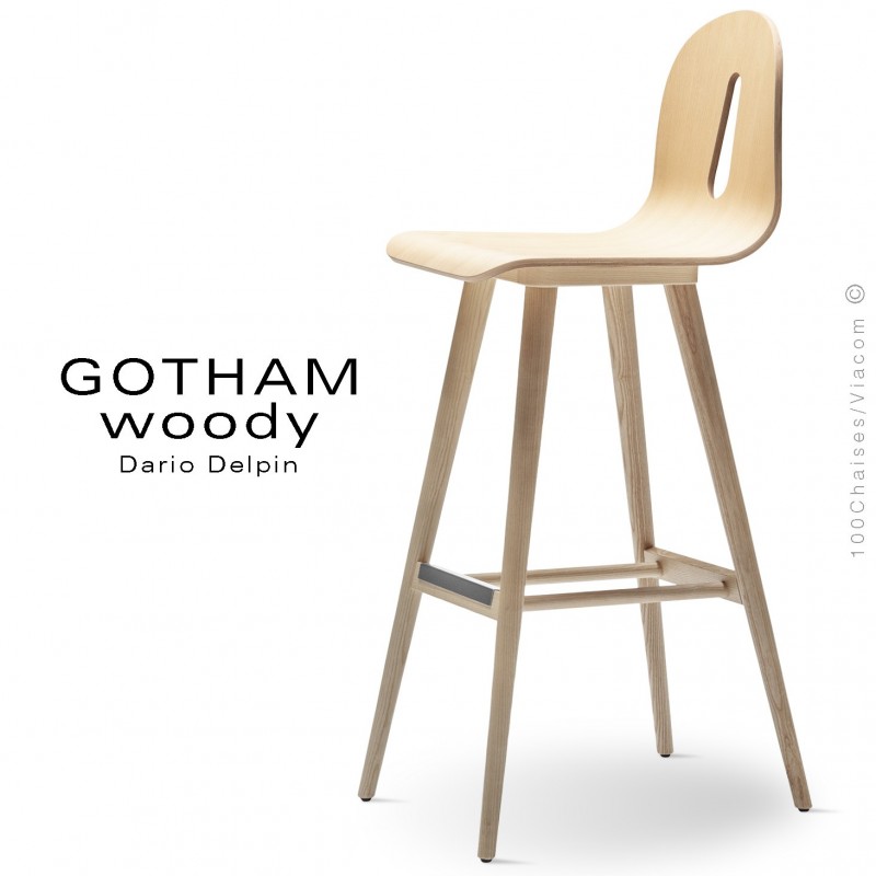 Tabouret de bar GOTHAM WOODY-SG-80, piétement et assise bois frêne naturel.