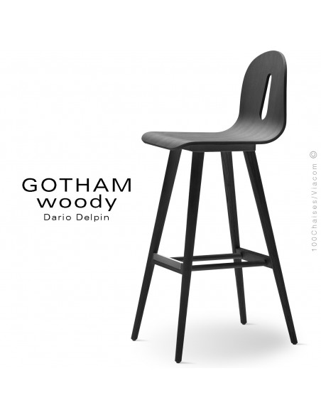 Tabouret de bar GOTHAM WOODY-SG-80, piétement et assise bois frêne laqué noir.