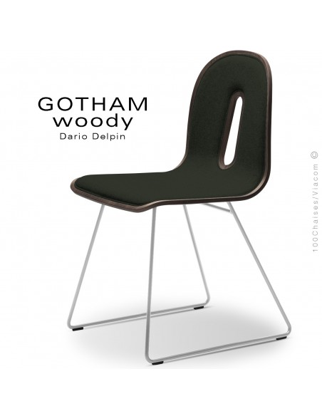 Chaise GOTHAM WOODY-SL-I, piétement luge blanc, assise et dossier bois noyer, habillage tissu 203anthracite.