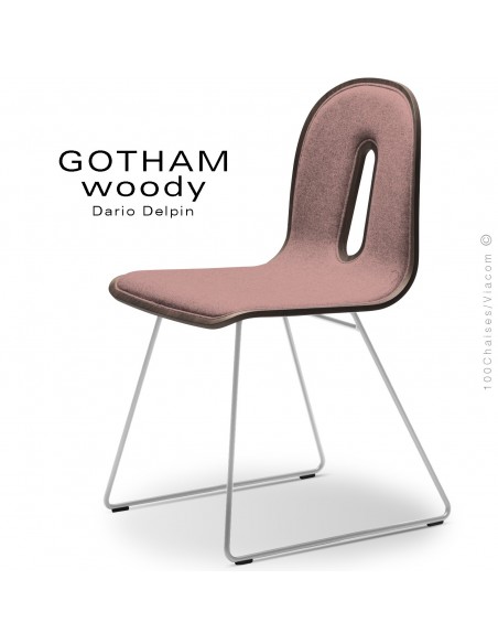 Chaise GOTHAM WOODY-SL-I, piétement luge blanc, assise et dossier bois noyer, habillage tissu 301rose.