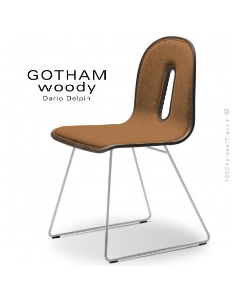 Chaise GOTHAM WOODY-SL-I, piétement luge blanc, assise et dossier bois noyer, habillage tissu 308orange.